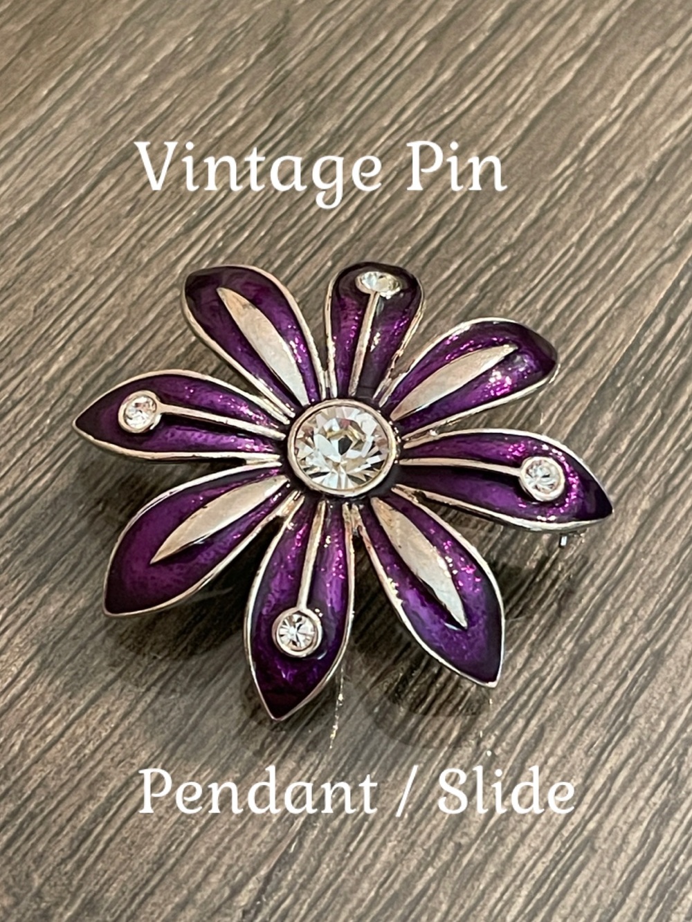 Vintage Purple Enamel Flower Pin / Slide / Pendant with Rhinestone Accents